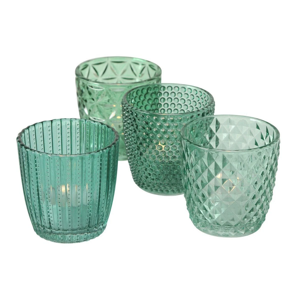 Boltze Windlicht Marilu, 4-teilig, gelb, transparentes Glas, filigranes Muster