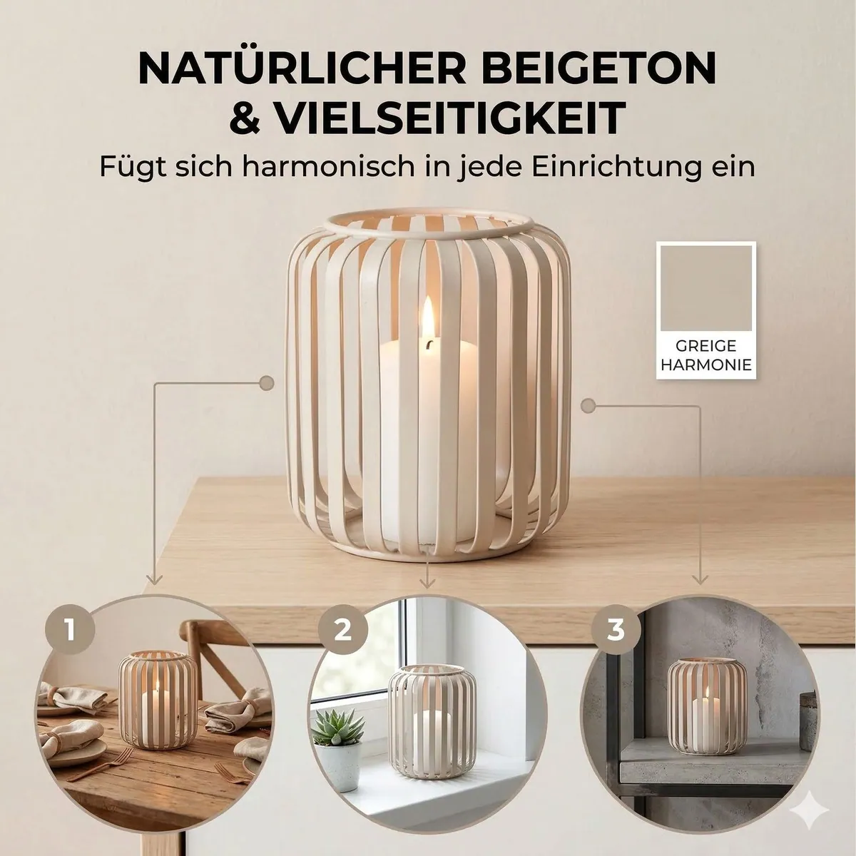 Boltze Windlicht Viki, beige, rund, aus Metall, 12 cm hoch 2