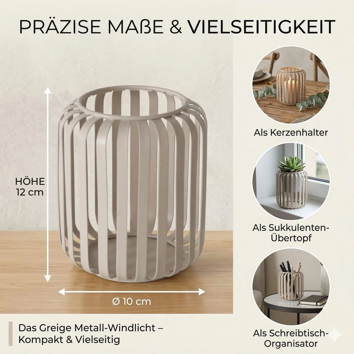 Boltze Windlicht Viki, beige, rund, aus Metall, 12 cm hoch 4