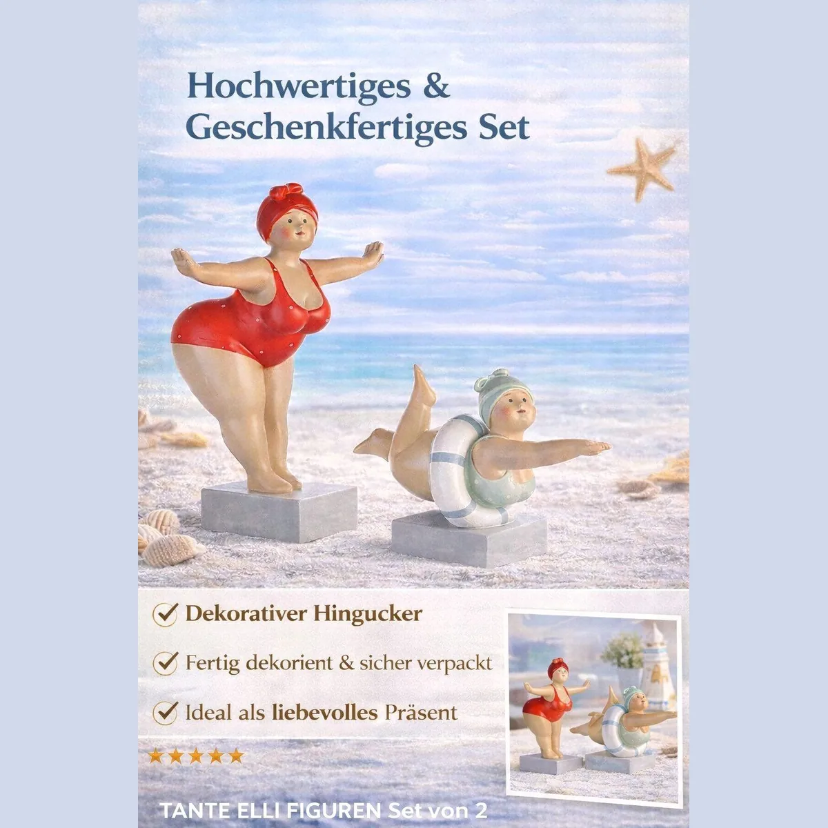 GILDE Tante Elli Figuren Set 2er, maritime Badefiguren aus Kunstharz, ca. 20 cm 3
